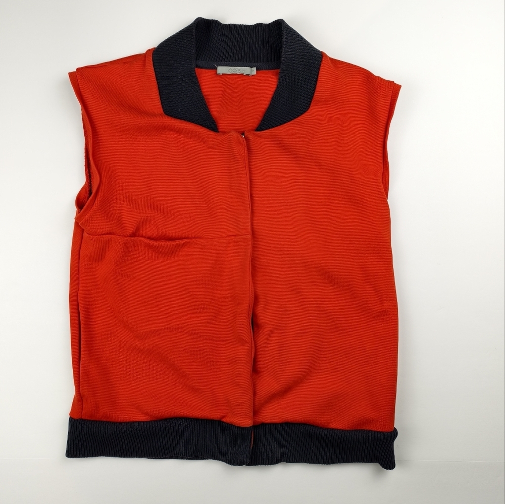 COS Bright Orange Zip Vest Mens S Dark Navy Trim Portugal Made Layering Casual